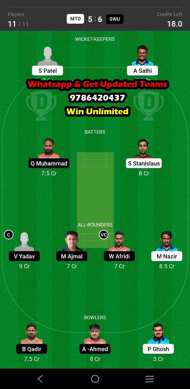 MTD vs SWU 43rd Match Dream11 Team fantasy Prediction Fancode ECS Malta T10