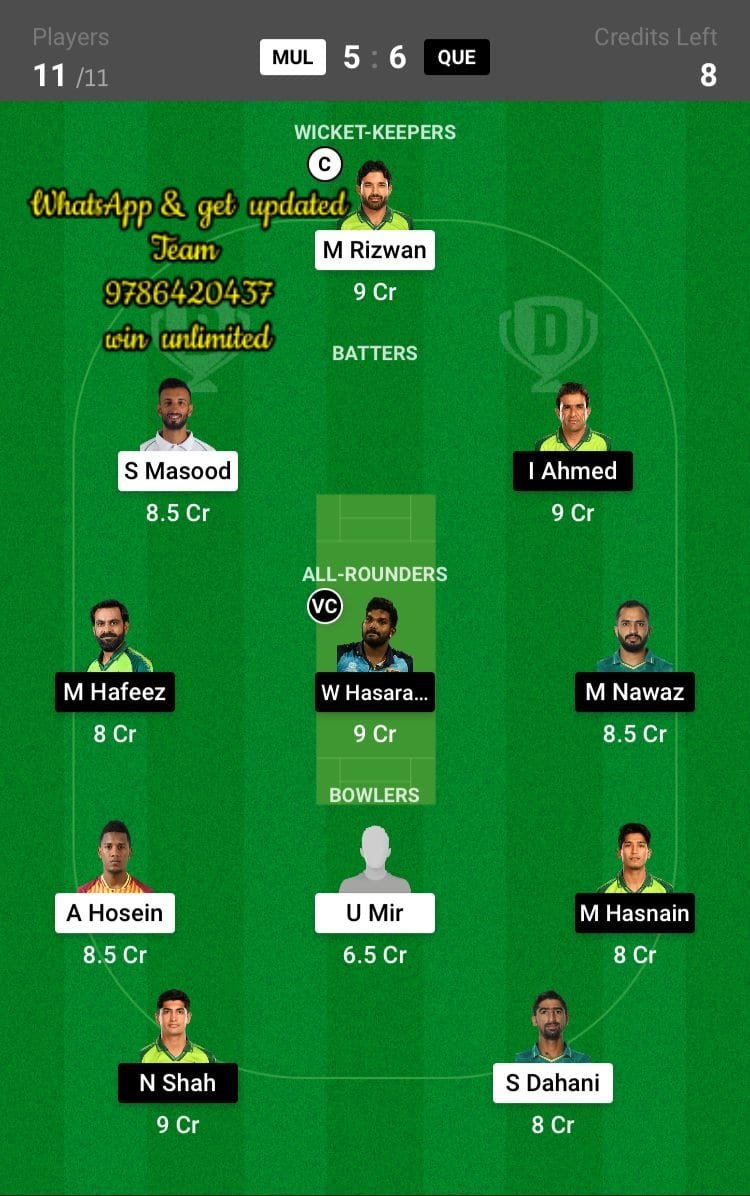 MUL vs QUE 3rd Match Dream11 Team fantasy Prediction Super League T20