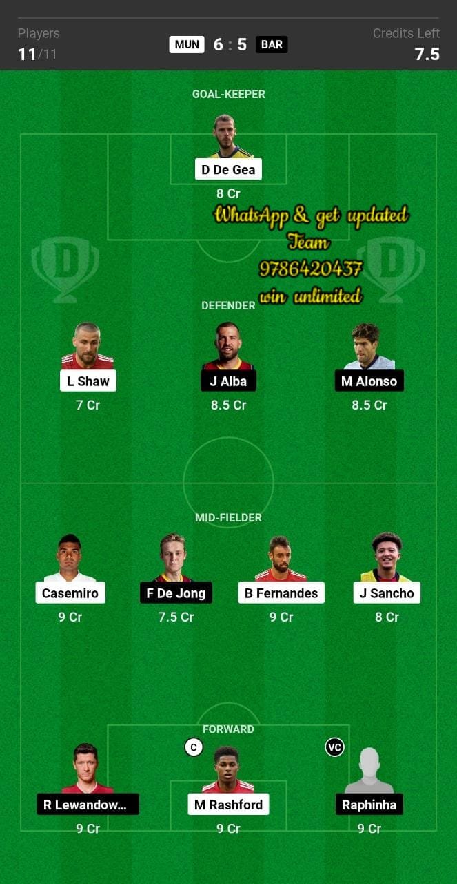 MUN vs BAR Dream11 Team fantasy Prediction UEFA Europa League