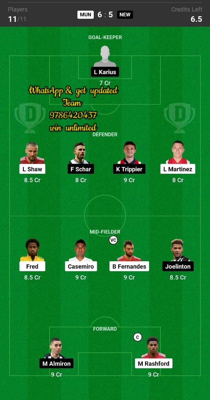 MUN vs NEW Dream11 Team fantasy Prediction English League Cup