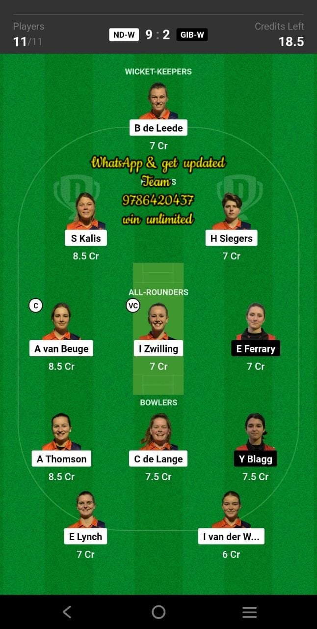 ND-W vs GIB-W 11th Match Dream11 Team fantasy Prediction FanCode ECI Women T10 - Gibraltar