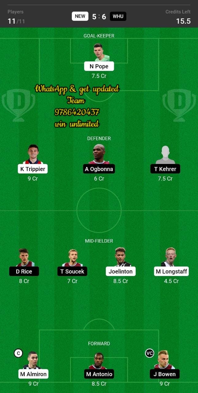 NEW vs WHU Dream11 Team fantasy Prediction Premier League