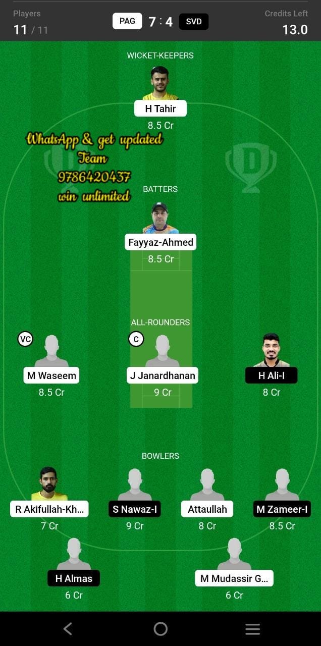 PAG vs SVD 5th Match Dream11 Team fantasy Prediction ICCA Arabian T20 League