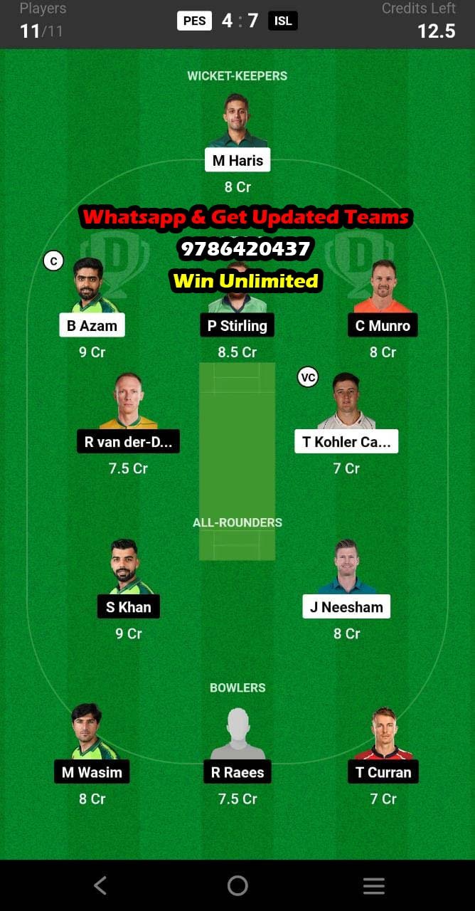 PES vs ISL 12th Match Dream11 Team fantasy Prediction Super League T20