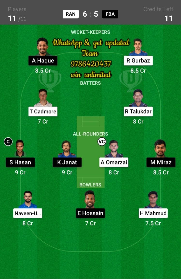 RAN vs FBA Eliminator Match Dream11 Team fantasy Prediction Bangladesh Premier League