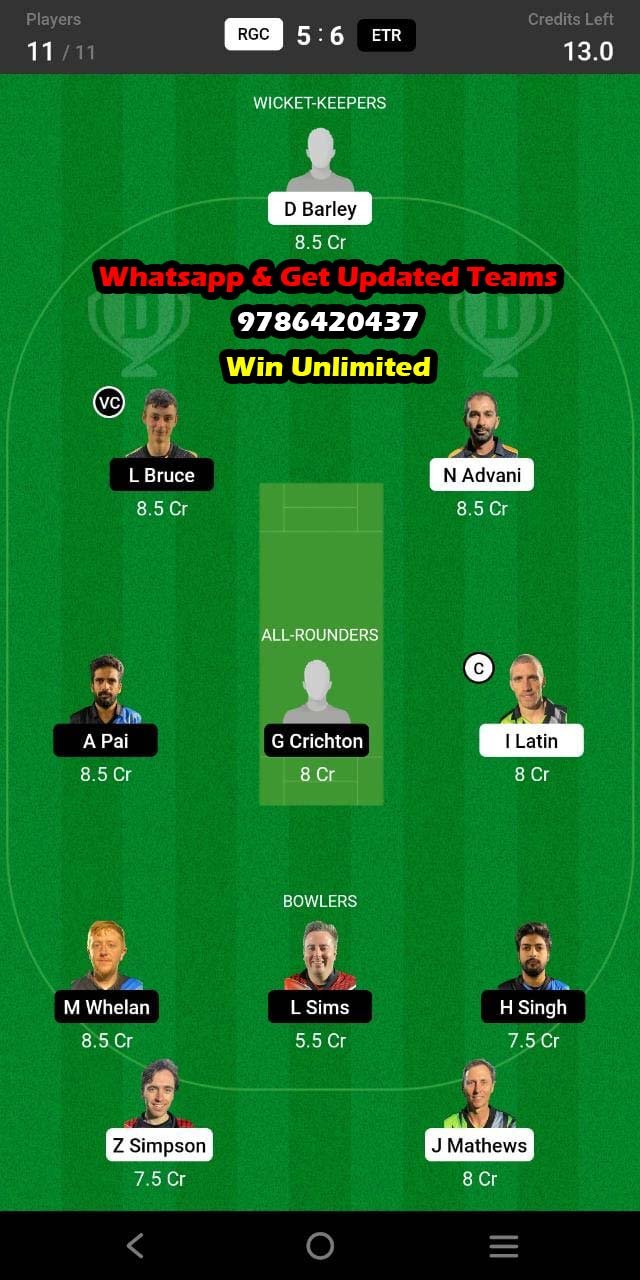 RGC vs ETR 41st Match Dream11 Team fantasy Prediction Fancode European Cricket T10 Gibraltar