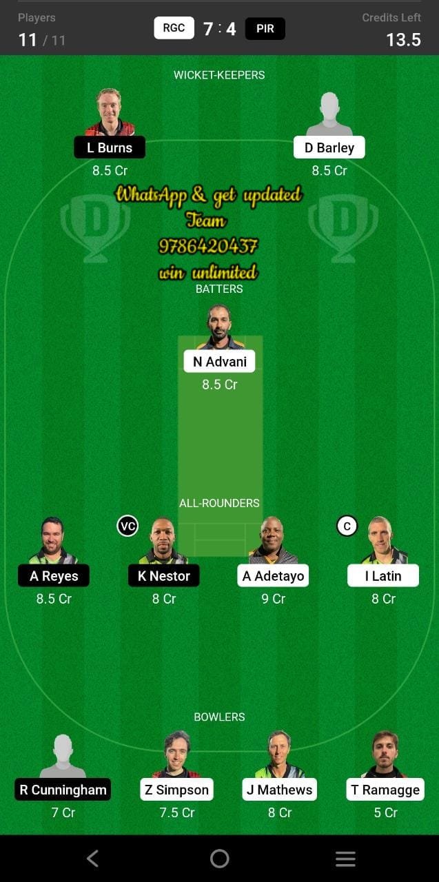 RGC vs PIR 35th Match Dream11 Team fantasy Prediction FanCode European Cricket T10 - GibraltarRGC vs PIR 35th Match Dream11 Team fantasy Prediction FanCode European Cricket T10 - Gibraltar