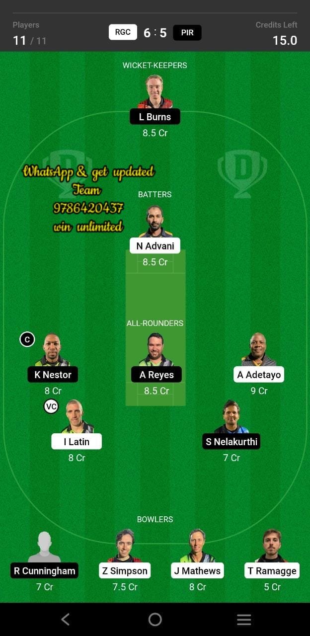 RGC vs PIR 47th Match Dream11 Team fantasy Prediction FanCode European Cricket T10 - Gibraltar