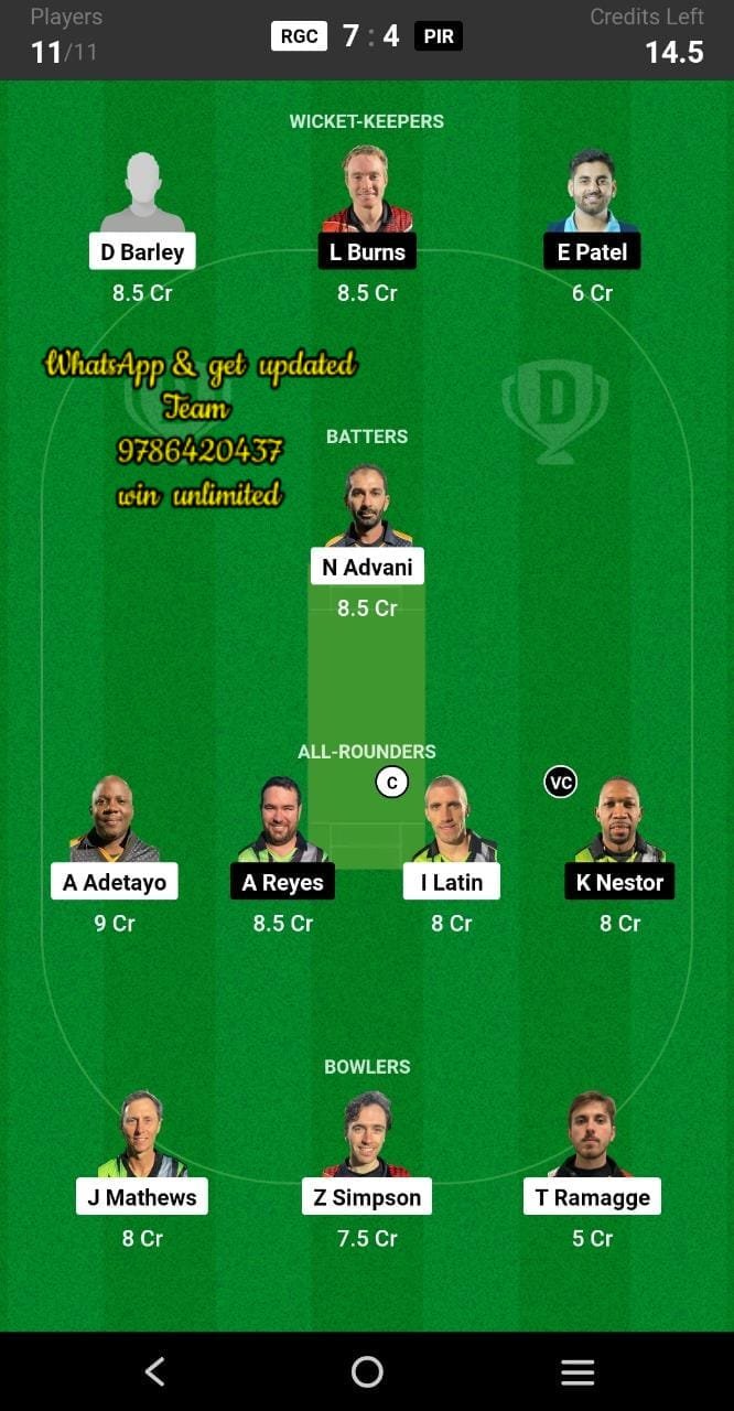 RGC vs PIR 59th Match Dream11 Team fantasy Prediction FanCode European Cricket T10 - Gibraltar