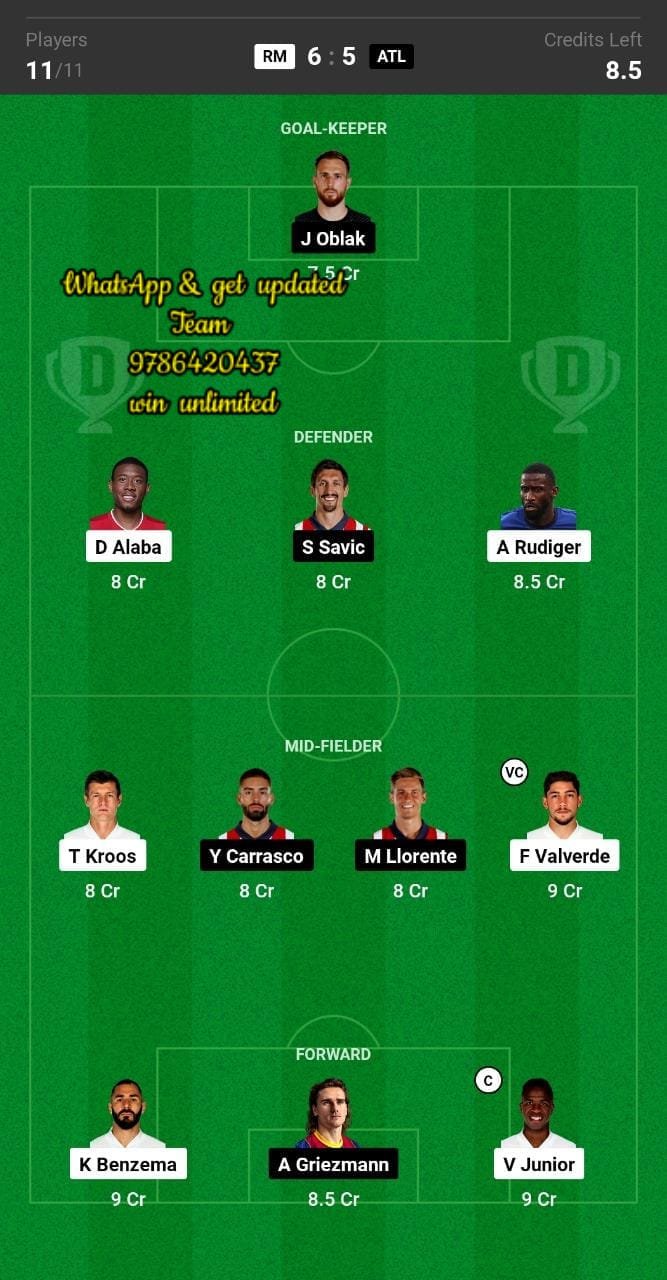 RM vs ATL Dream11 Team fantasy Prediction La Liga