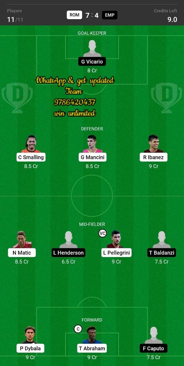 ROM vs EMP Dream11 Team fantasy Prediction Serie A