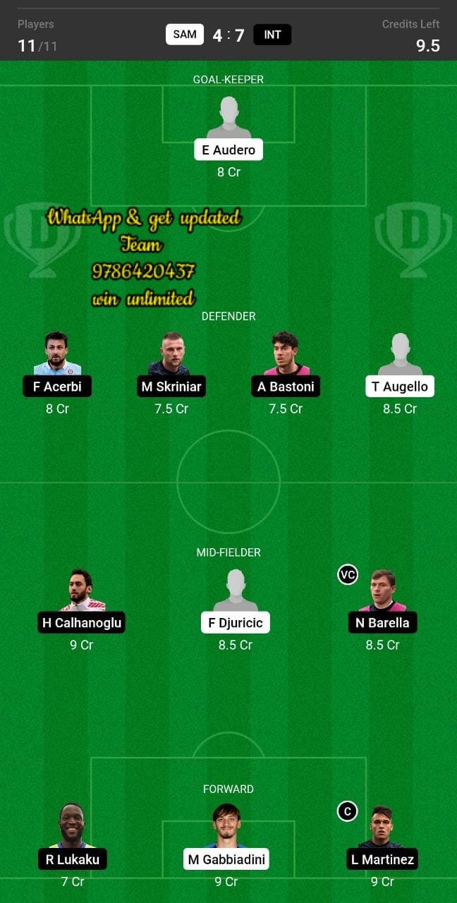 SAM vs INT Dream11 Team fantasy Prediction Serie A