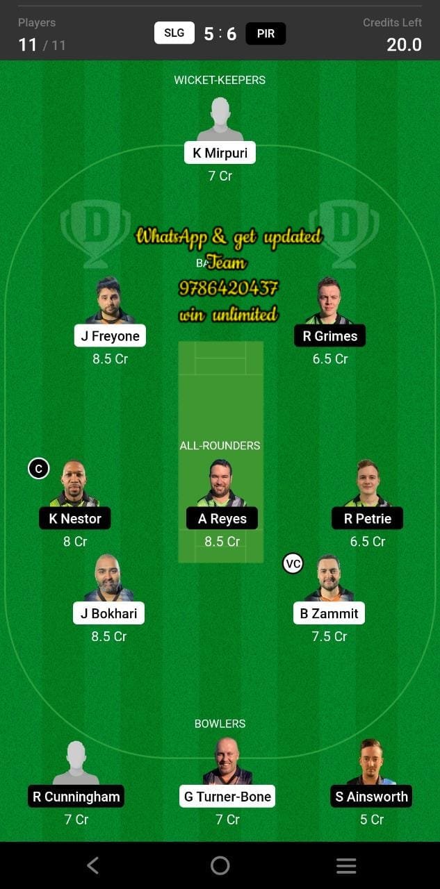 SLG vs PIR 55th Match Dream11 Team fantasy Prediction FanCode European Cricket T10 - Gibraltar