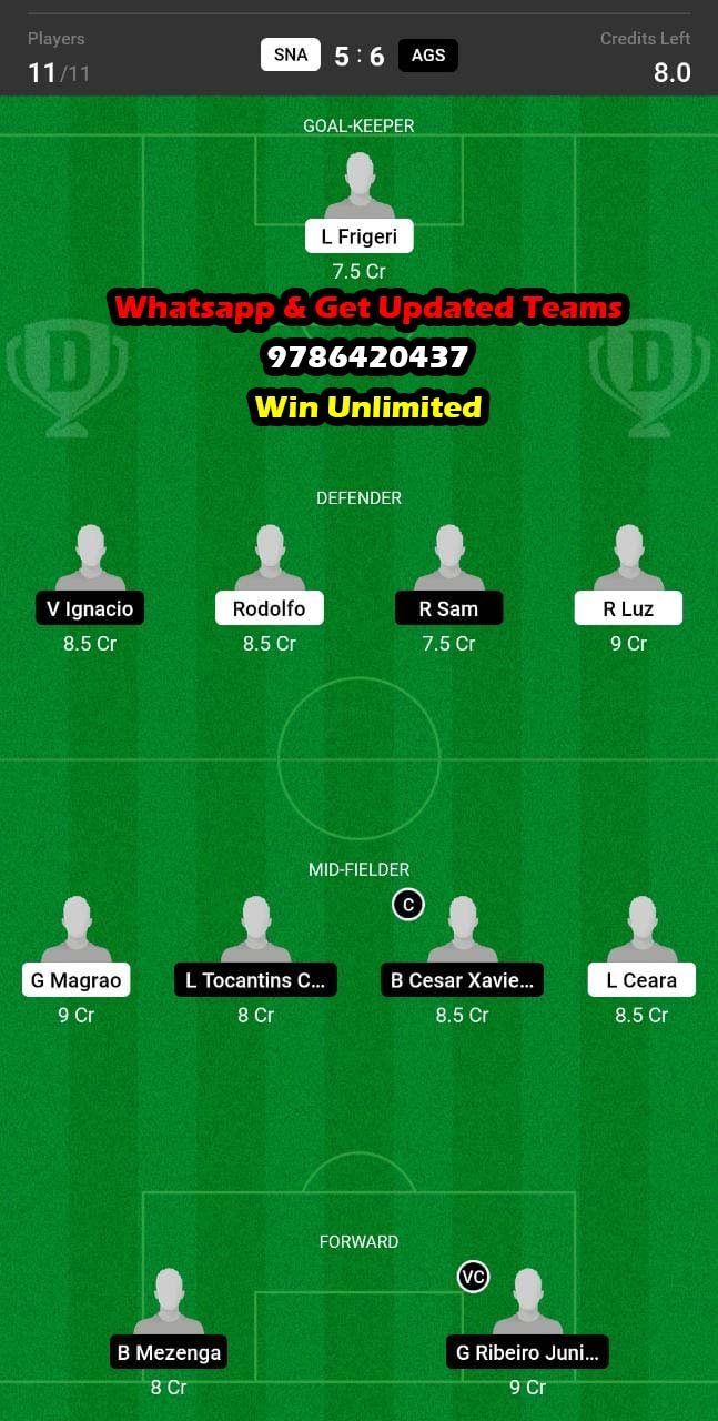 SNA vs AGS Dream11 Team fantasy Prediction Brazilian Paulista