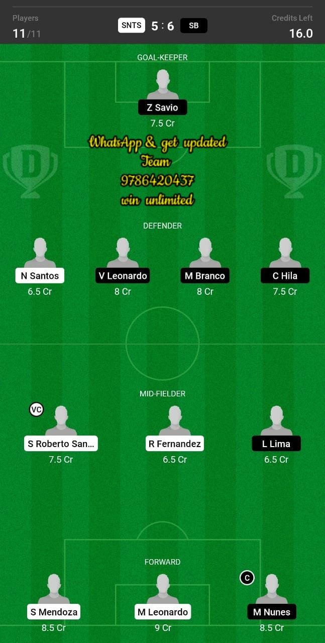 SNTS vs SB Dream11 Team fantasy Prediction Brazilian Paulista