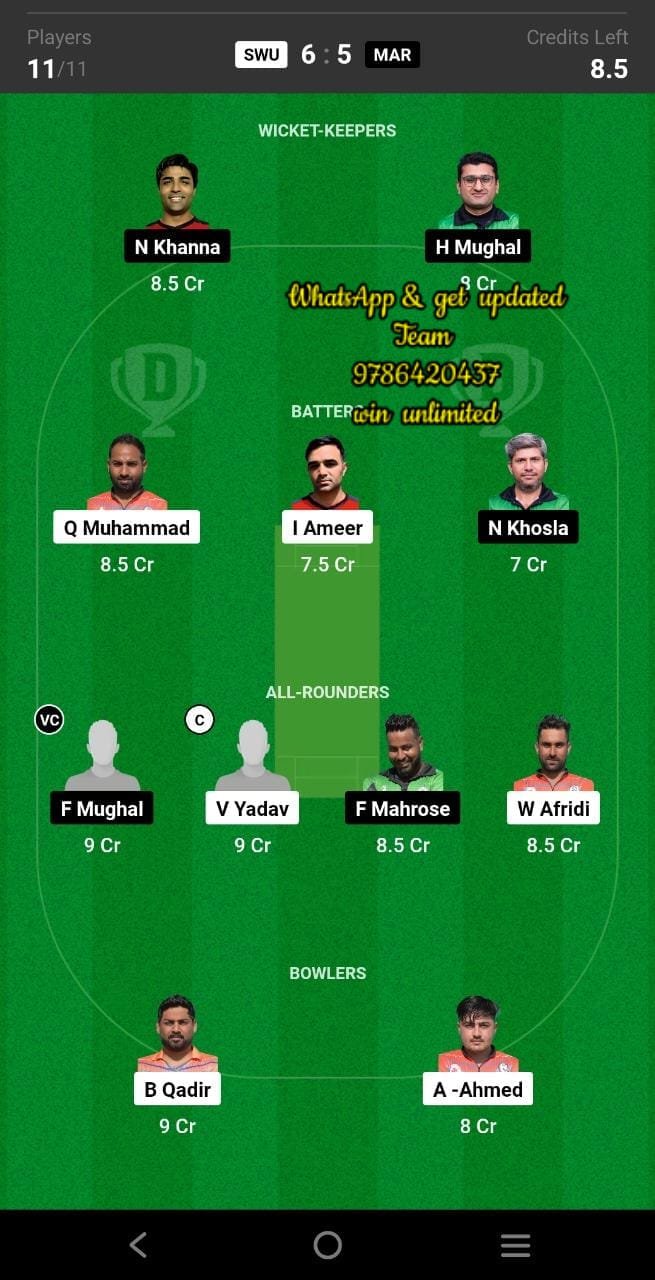 SWU vs MAR 93rd Match Dream11 Team fantasy Prediction FanCode ECS Malta T10