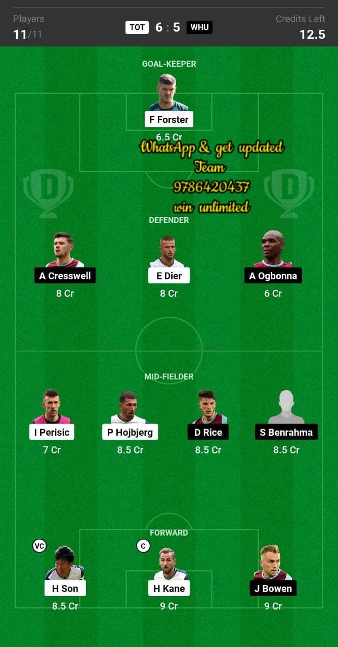 TOT vs WHU Dream11 Team fantasy Prediction Premier League