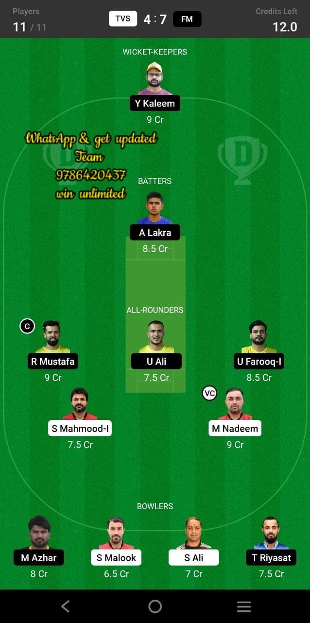 TVS vs FM 18th Match Dream11 Team fantasy Prediction ICCA Arabian T20 League