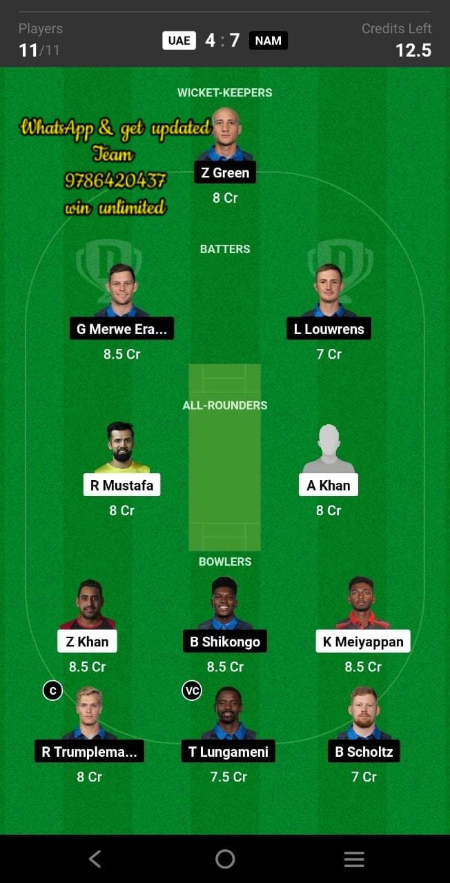 UAE vs NAM 2nd Match Dream11 Team fantasy Prediction CWC League-2 One-Day