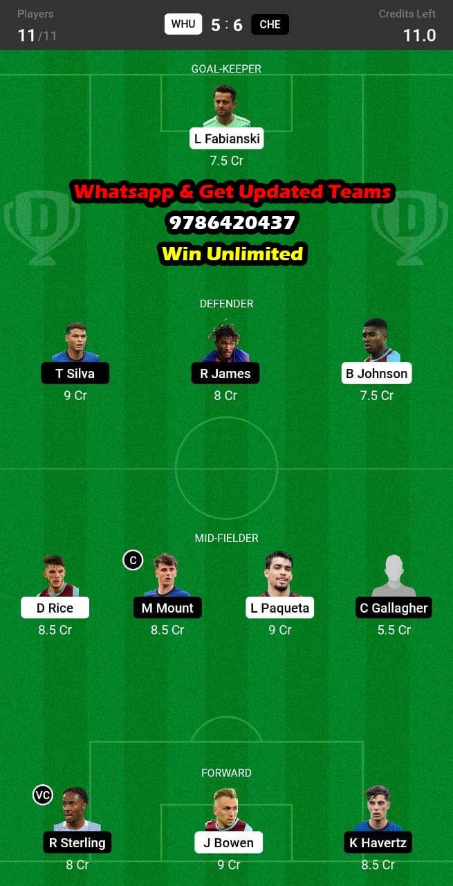 WHU vs CHE Dream11 Team fantasy Prediction Premier League