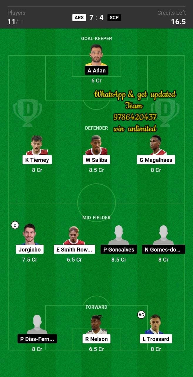 ARS vs SCP Dream11 Team fantasy Prediction UEFA Europa League