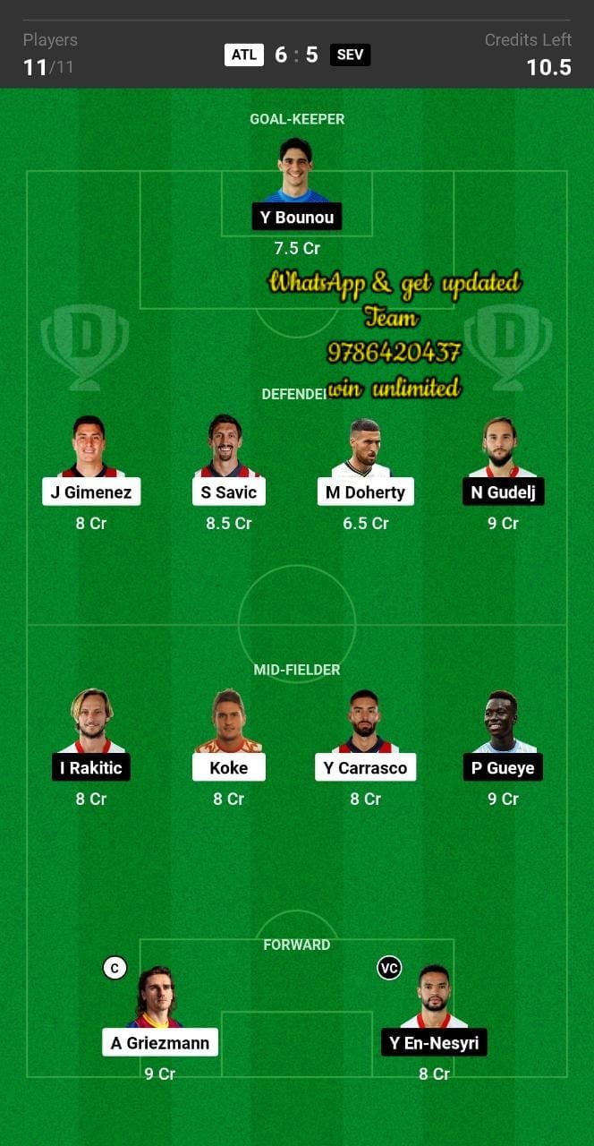 ATL vs SEV Dream11 Team fantasy Prediction La Liga