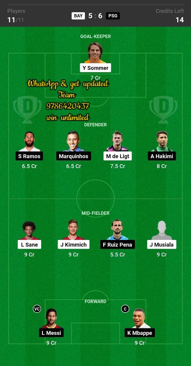 BAY vs PSG Dream11 Team fantasy Prediction UEFA Champions League