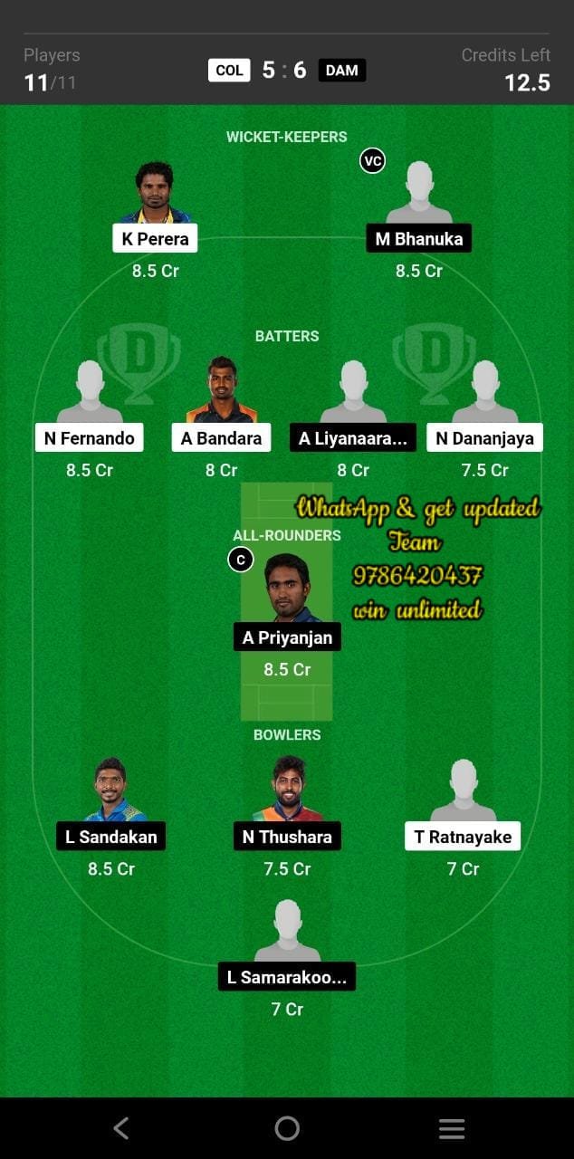 COL vs DAM 11th Match Dream11 Team fantasy Prediction Sri Lanka 50 Over Tournament