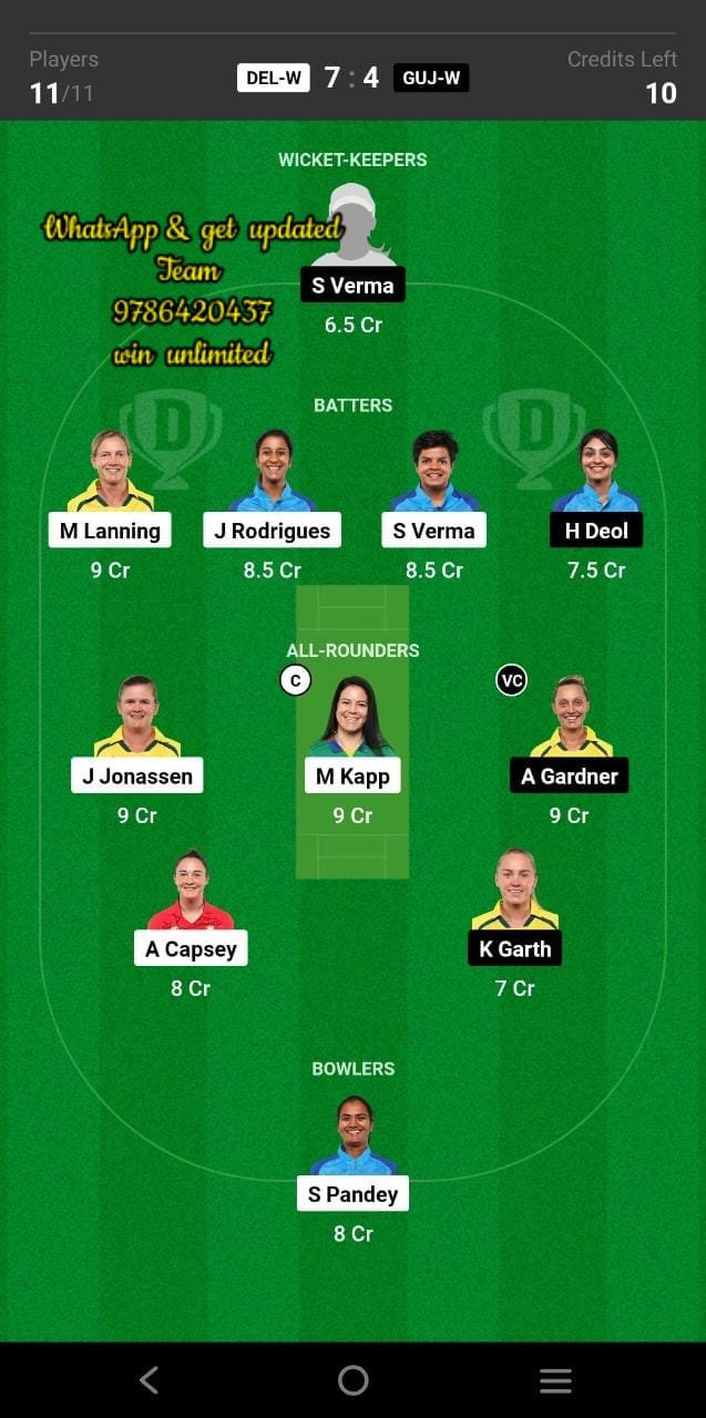 DEL-W vs GUJ-W 14th Match Dream11 Team fantasy Prediction TATA Women's Premier League