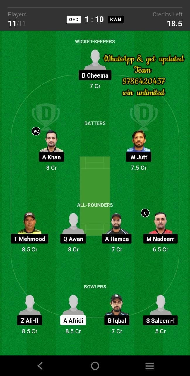 GED vs KWN 11th Match Dream11 Team fantasy Prediction Sharjah Hundred League