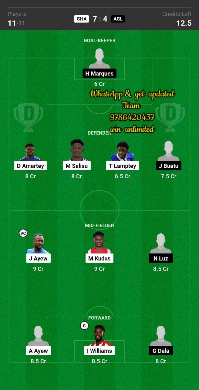 GHA vs AGL Dream11 Team fantasy Prediction AFCON Qualifiers