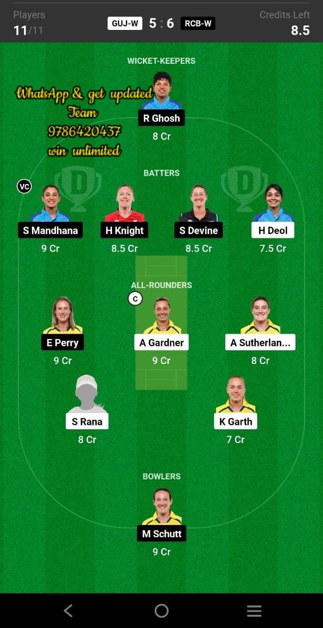 GUJ-W vs RCB-W 6th Match Dream11 Team fantasy Prediction TATA Women's Premier League