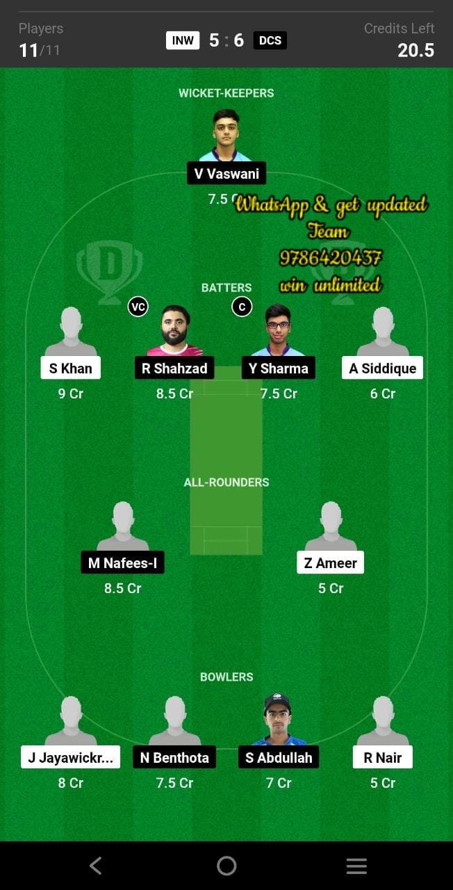 INW vs DCS 40th Match Dream11 Team fantasy Prediction ICCA Arabian T20 League