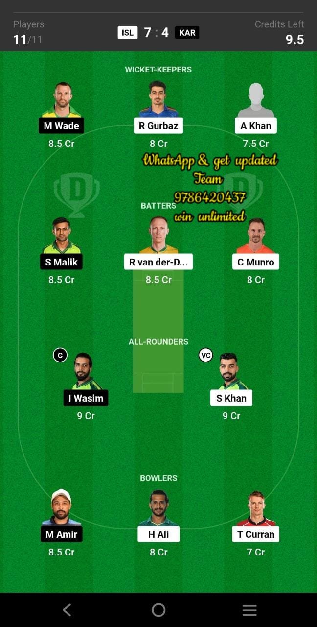 ISL vs KAR 19th Match Dream11 Team fantasy Prediction Super League T20