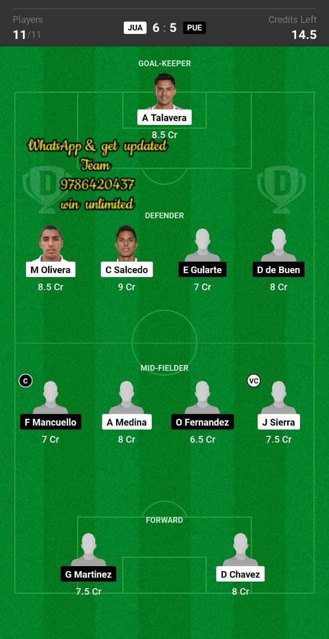 JUA vs PUE Dream11 Team fantasy Prediction Mexican League