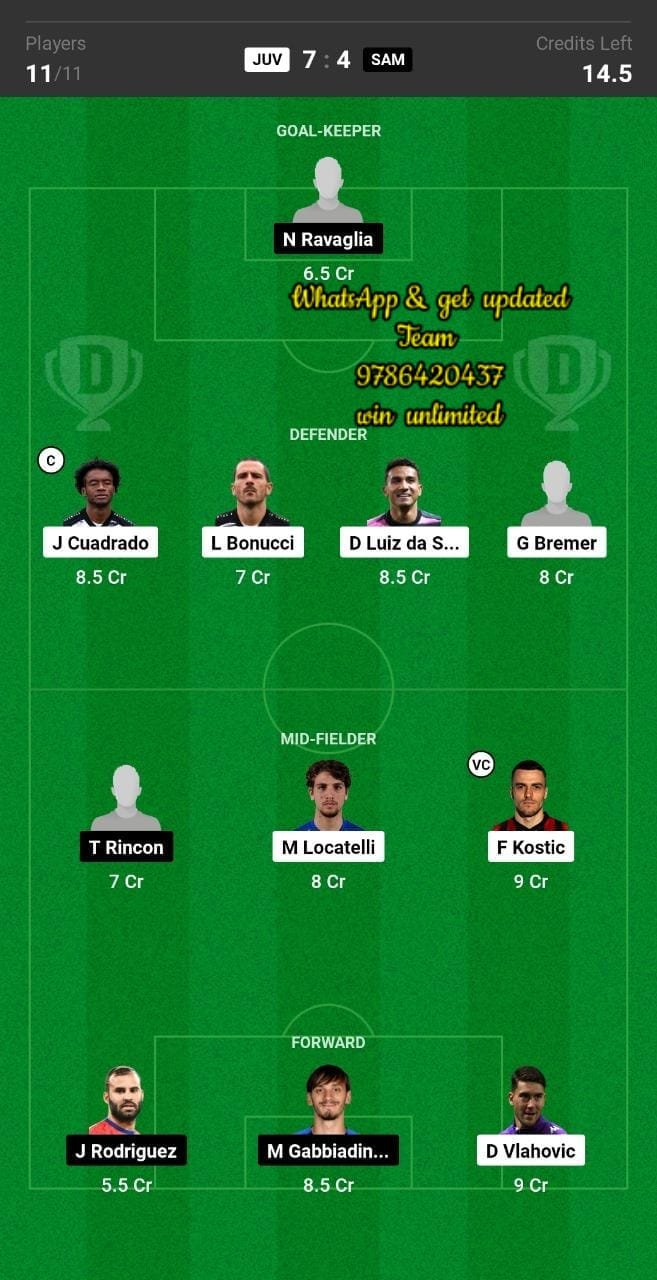 JUV vs SAM Dream11 Team fantasy Prediction Serie A