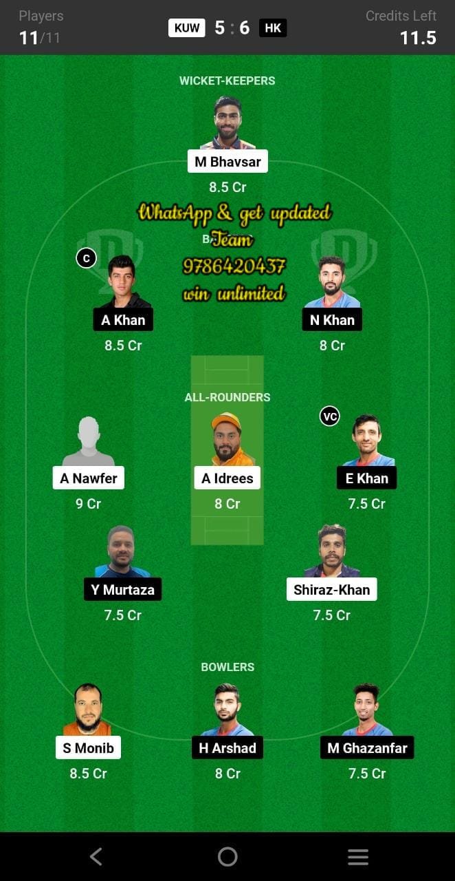 KUW vs HK 4th Match Dream11 Team fantasy Prediction HK International Series T20I