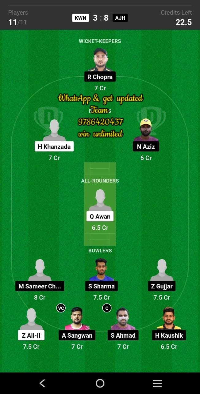 KWN vs AJH 45th Match Dream11 Team fantasy Prediction ICCA Arabian T20 League