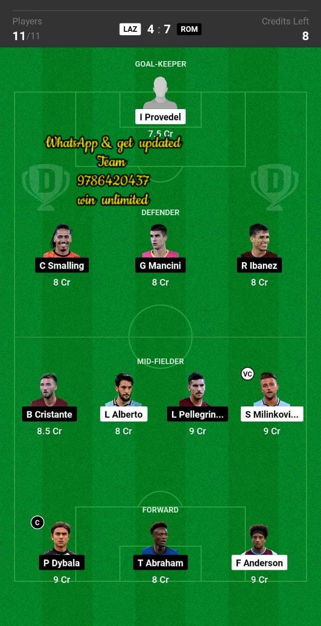 LAZ vs ROM Dream11 Team fantasy Prediction Serie A