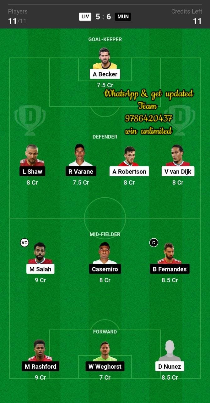 LIV vs MUN Dream11 Team fantasy Prediction Premier League