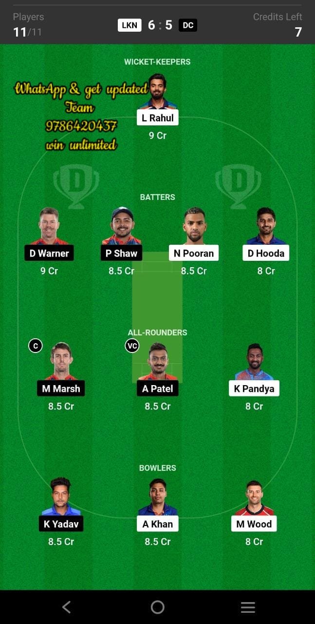 LKN vs DC 3rd Match Dream11 Team fantasy Prediction TATA IPL