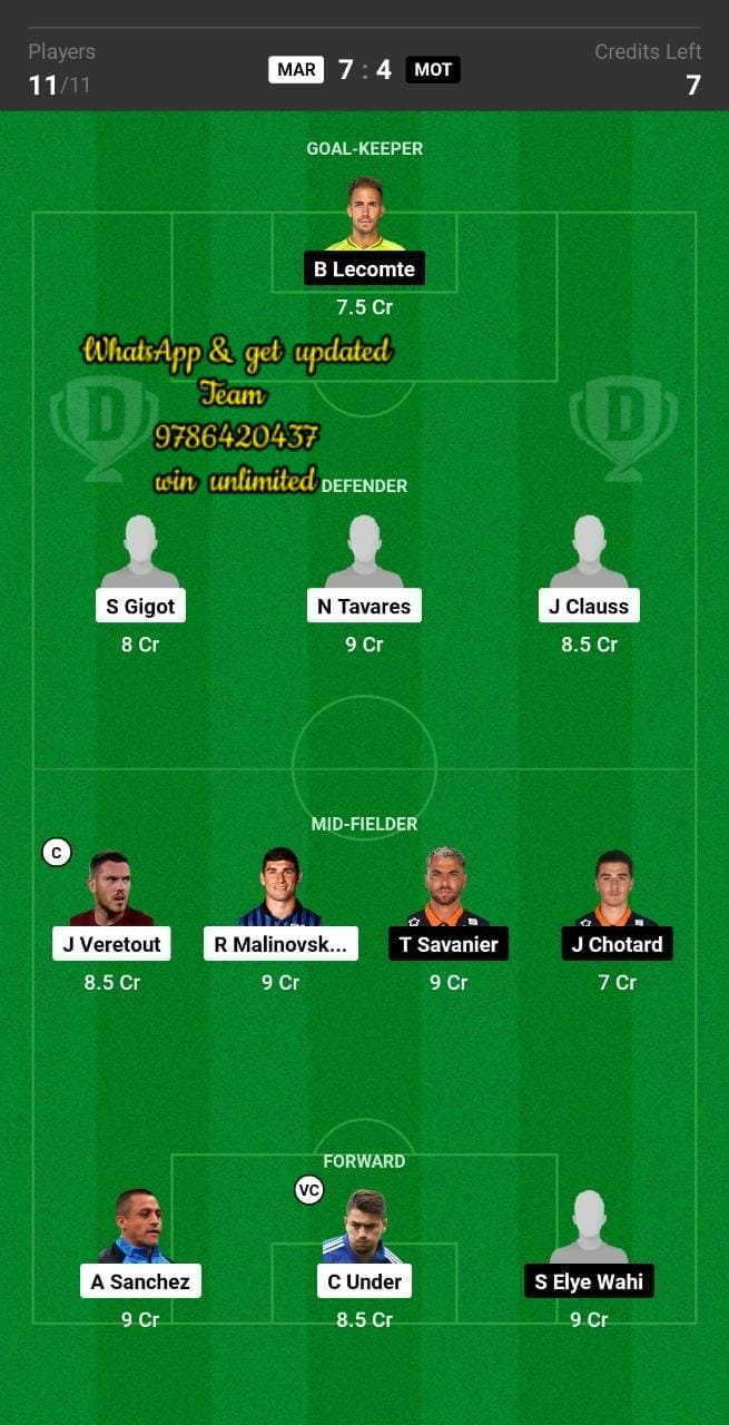 MAR vs MOT Dream11 Team fantasy Prediction Ligue 1