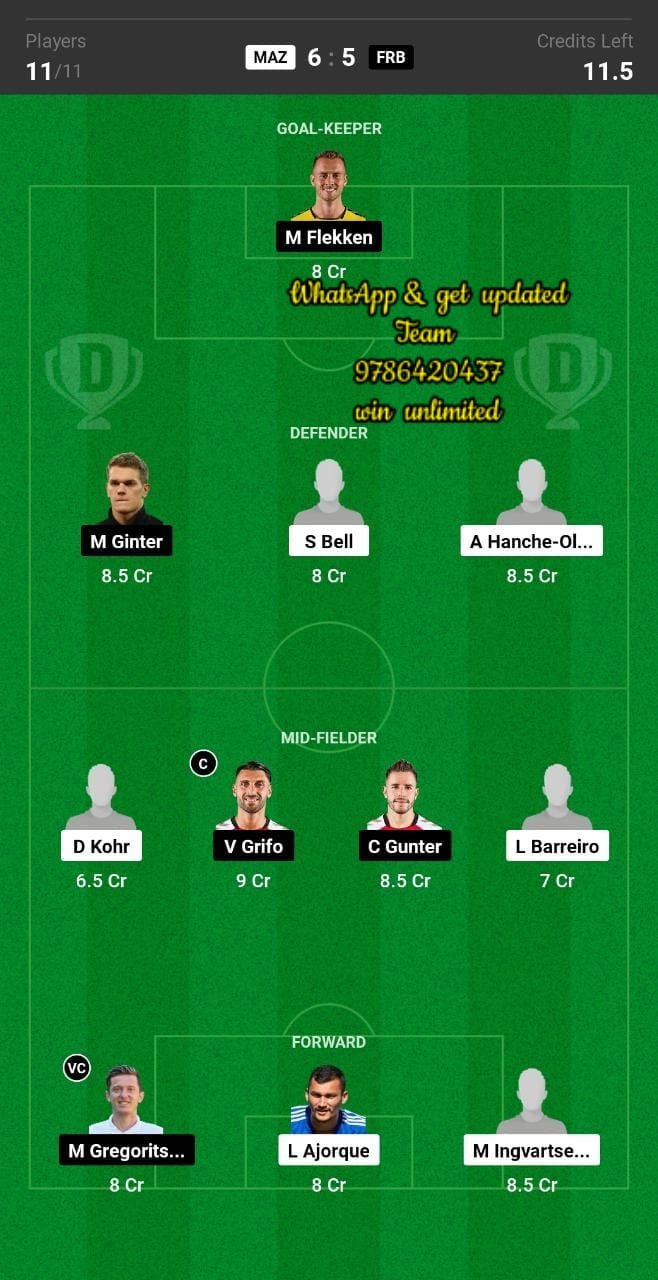 MAZ vs FRB Dream11 Team fantasy Prediction Bundesliga