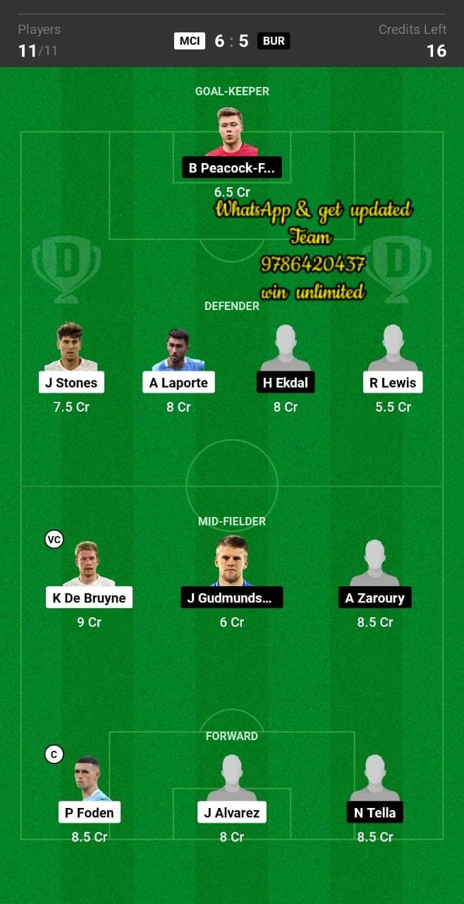 MCI vs BUR Dream11 Team fantasy Prediction FA Cup