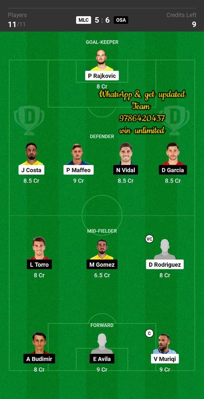 MLC vs OSA Dream11 Team fantasy Prediction La Liga