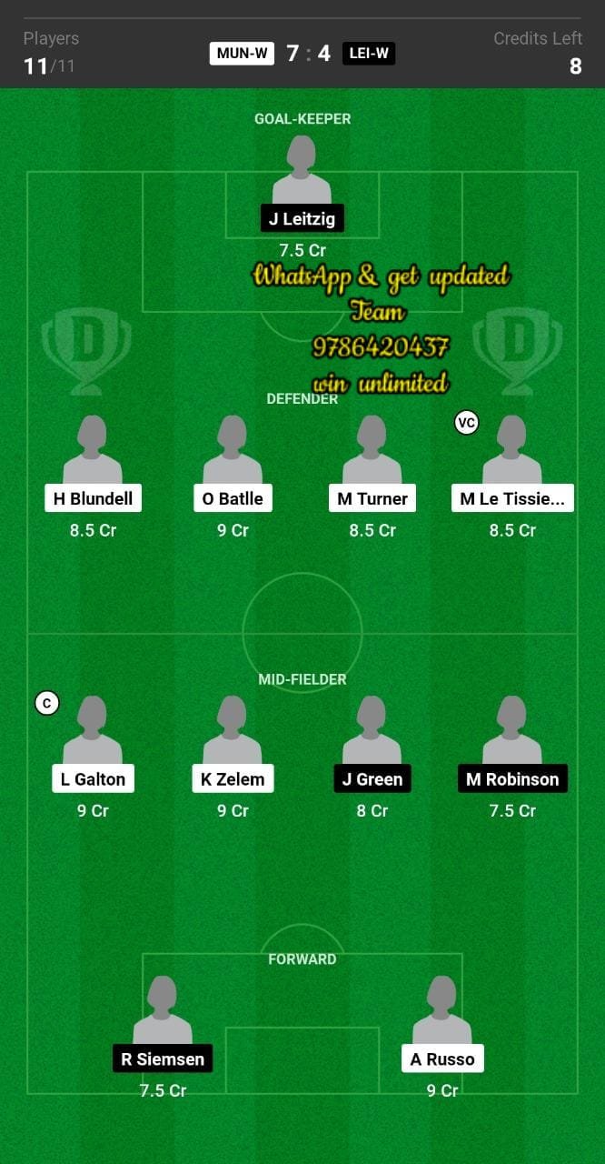 MUN-W vs LEI-W Dream11 Team fantasy Prediction Women's Super League