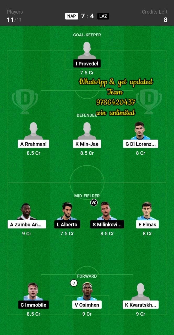 NAP vs LAZ Dream11 Team fantasy Prediction Serie A