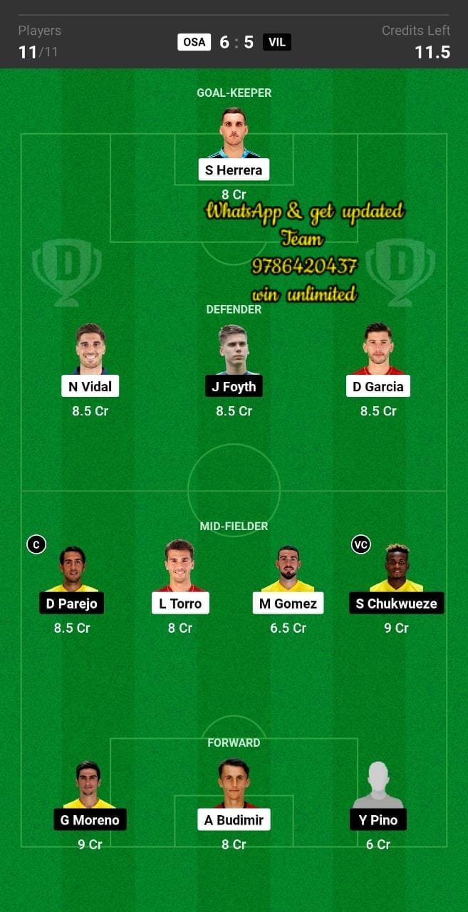 OSA vs VIL Dream11 Team fantasy Prediction La Liga