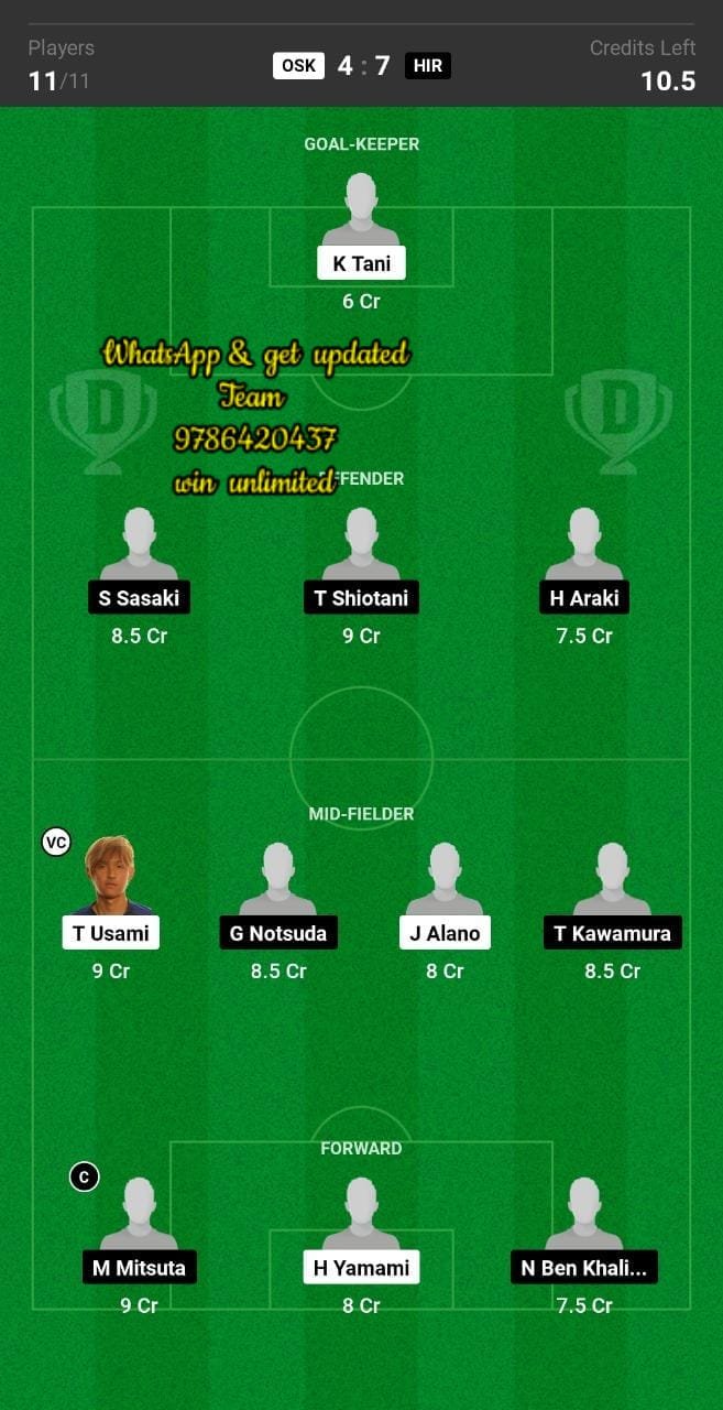 OSK vs HIR Dream11 Team fantasy Prediction J League