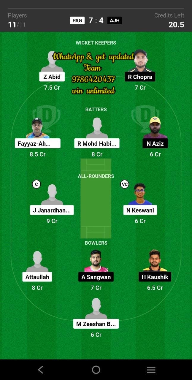 PAG vs AJH 42nd Match Dream11 Team fantasy Prediction ICCA Arabian T20 League